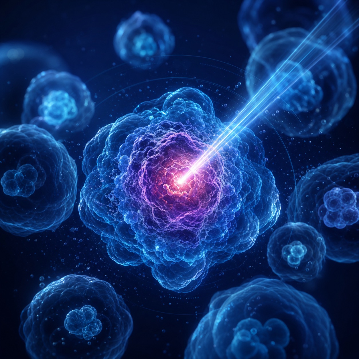Abstract cellular forms intersected by focused therapeutic light paths