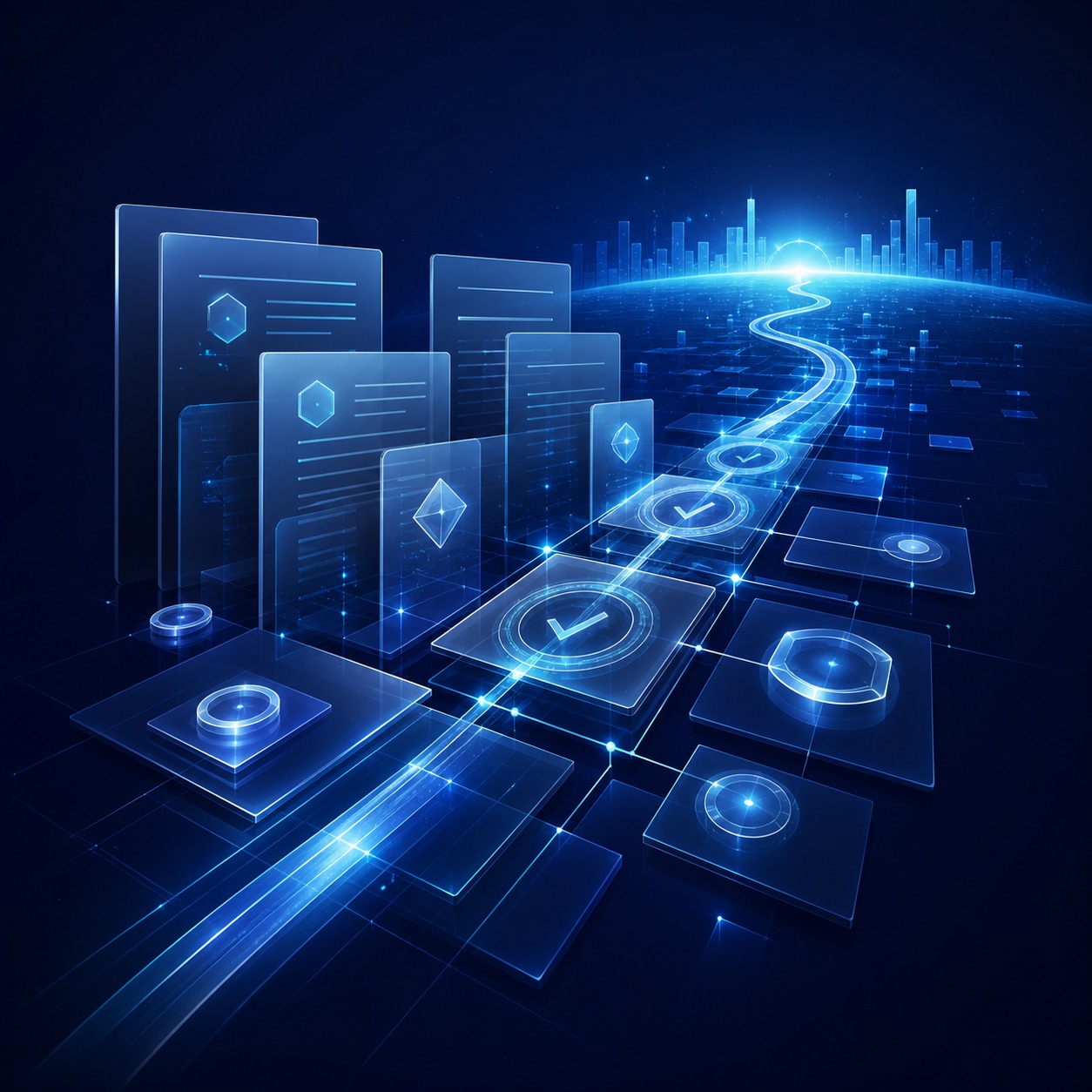 Abstract layered documentation and verified pathways forming a market-access grid