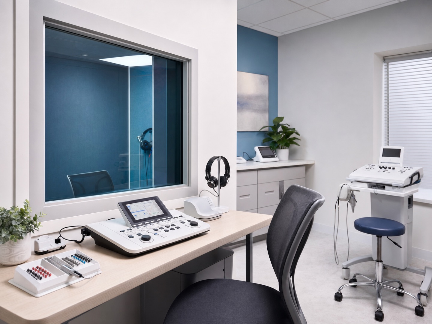 Professional hearing assessment equipment in a calm audiology clinic