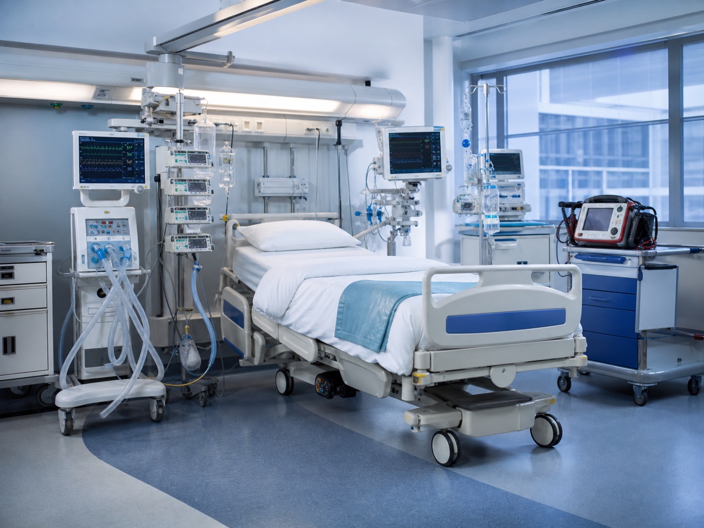 Modern hospital room equipped with patient monitoring and clinical technology