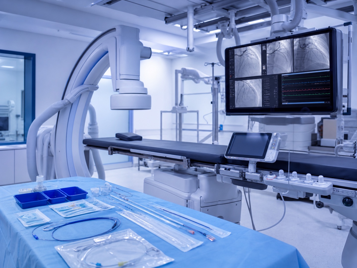 Interventional cardiology procedure room prepared for vascular therapy