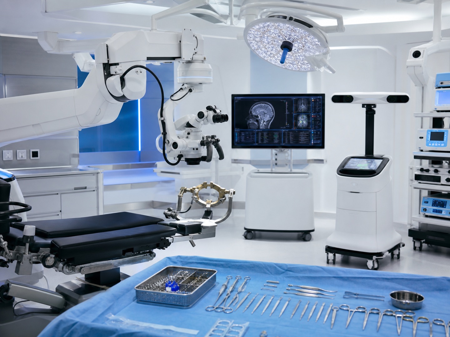 Modern neurosurgery suite with navigation and microsurgical equipment