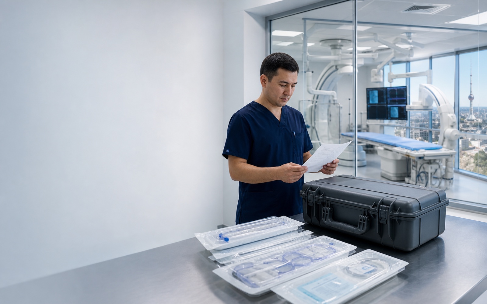 A medical-technology professional verifies device documentation beside protected medical products and a prepared interventional cardiology room