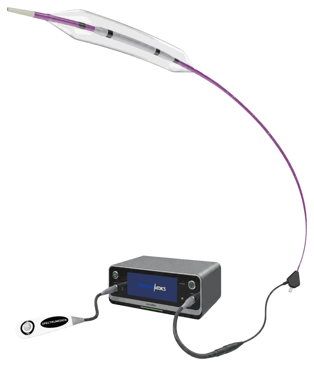 Spectrumedics Sonico-CX generator connected to its hand switch, cable, and coronary intravascular lithotripsy catheter